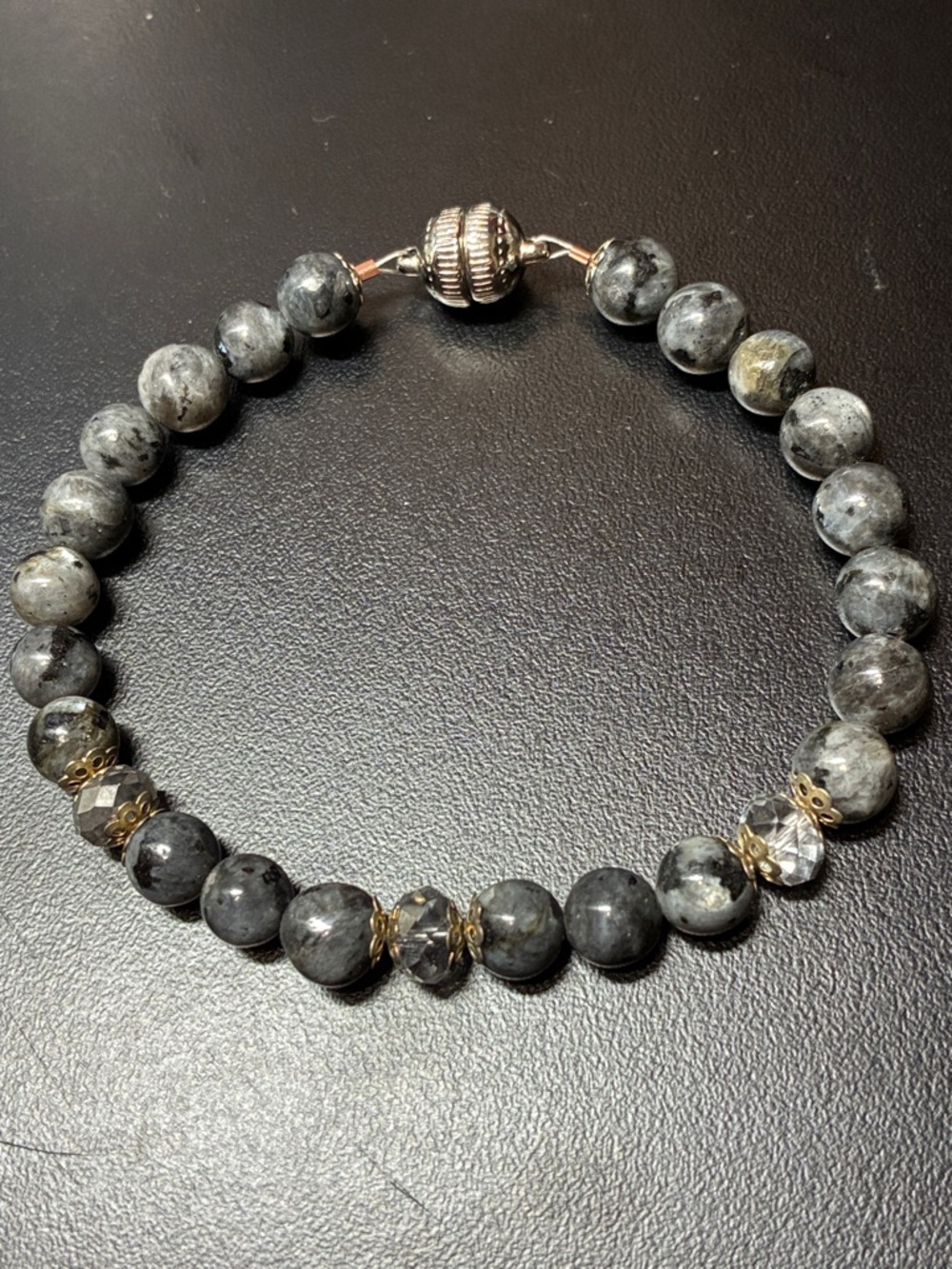Natural Larvikite gemstone Beaded Bracelet with crystal and Silver Accents